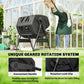 Black tumbling compost bin with front handle and rotation lock detail