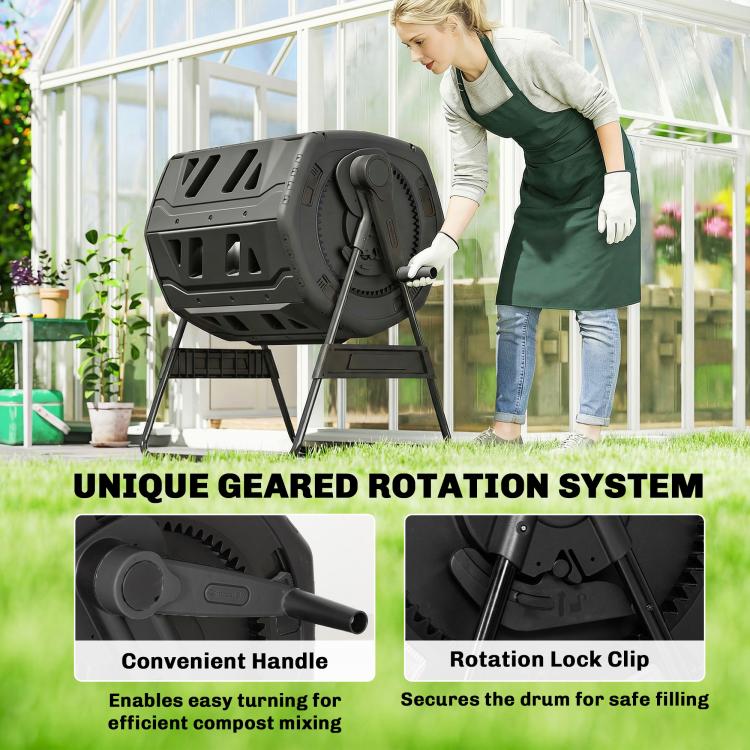 Black tumbling compost bin with front handle and rotation lock detail