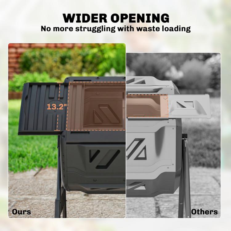 Black tumbling compost bin with extra-wide front opening and hinged hatch