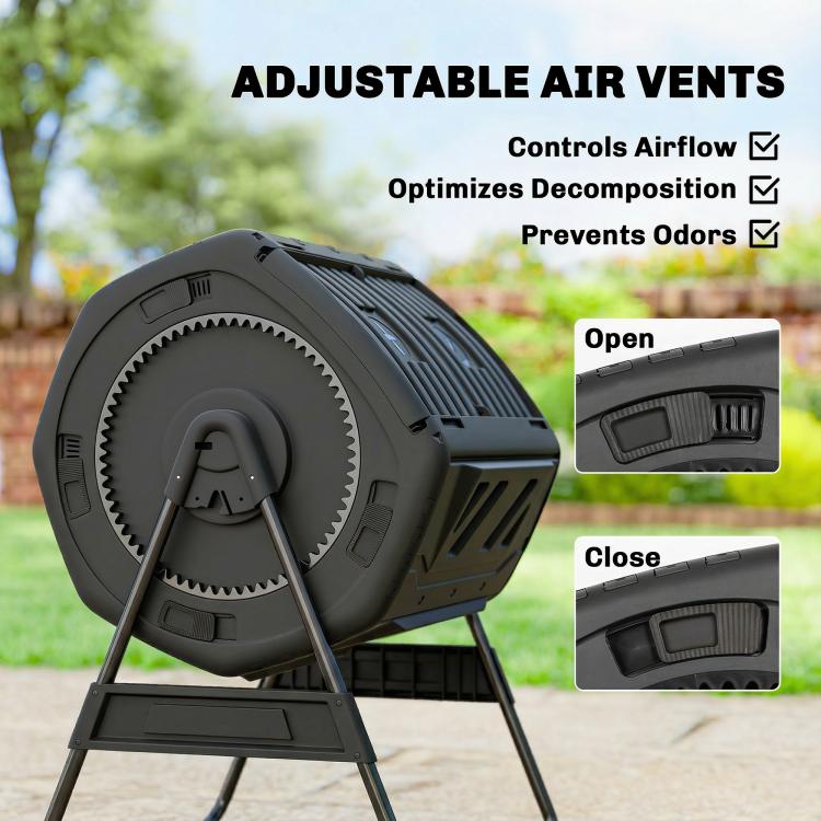 Black compost tumbler drum with adjustable air vent flaps, close-up