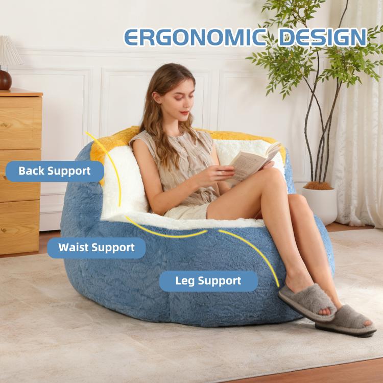 Blue faux fur bean bag chair with white seat cushion and yellow border, side view