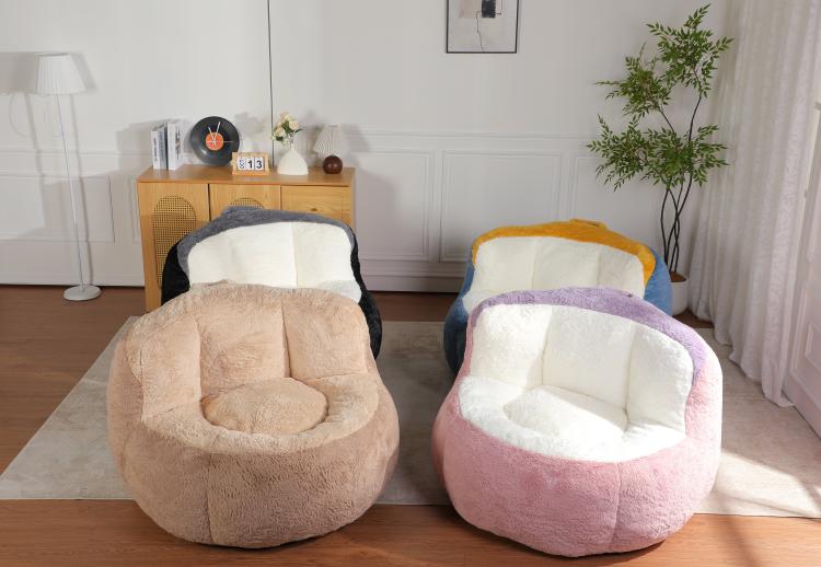Oversized bean bag chairs set: tan and pink rounded faux fur loungers with white seats