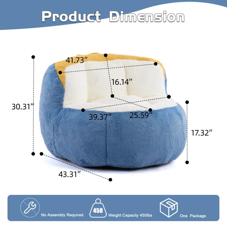 Blue bean bag chair with white inner cushion, shown with product dimensions