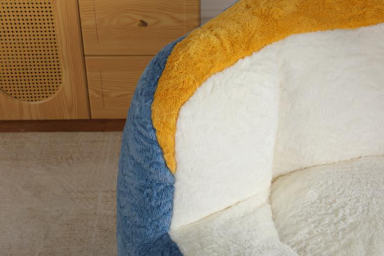 Blue, yellow and white faux fur bean bag lounge chair with rounded back