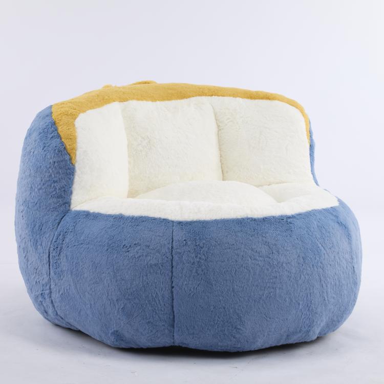 Blue bean bag chair with white interior seat and yellow-trimmed backrest