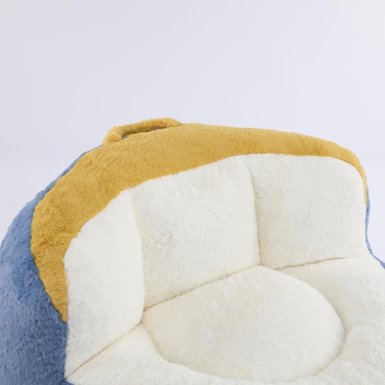 Faux fur bean bag chair backrest with yellow border and white cushions