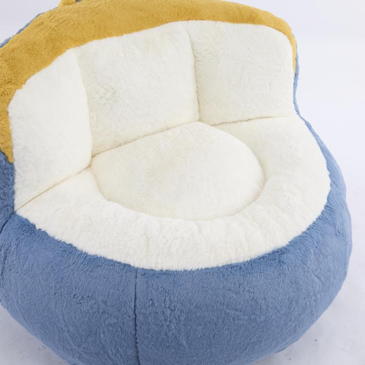 White faux fur seat and back panels on blue bean bag chair with yellow trim