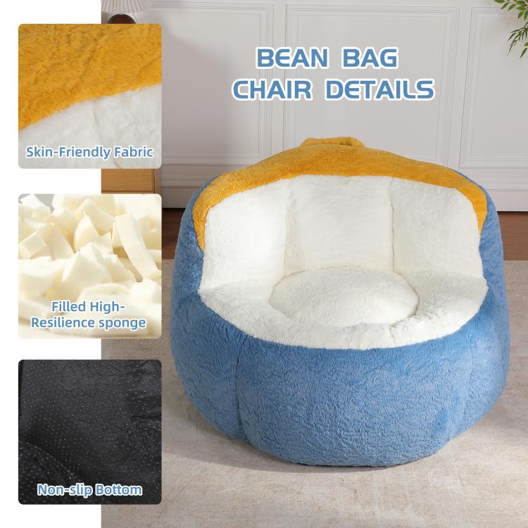 Blue faux fur bean bag chair with white inner cushion and yellow top edge