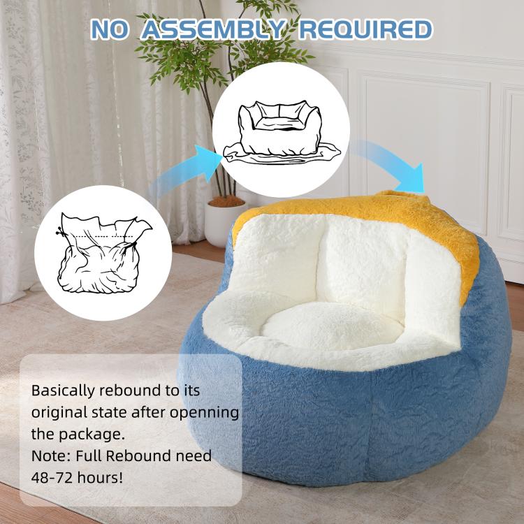 Blue faux fur bean bag chair with white inner cushion and yellow trim