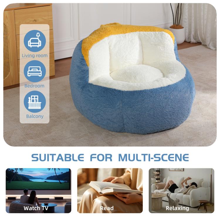 Blue faux fur bean bag chair with white seat insert and yellow edging, lounge angle