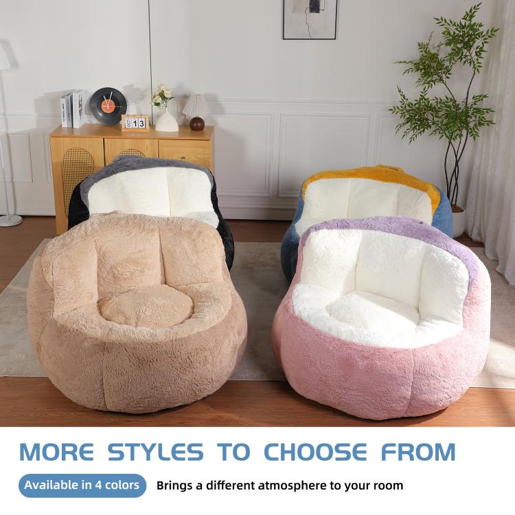 Blue and gold faux fur bean bag chair with white cushion, plus other styles nearby
