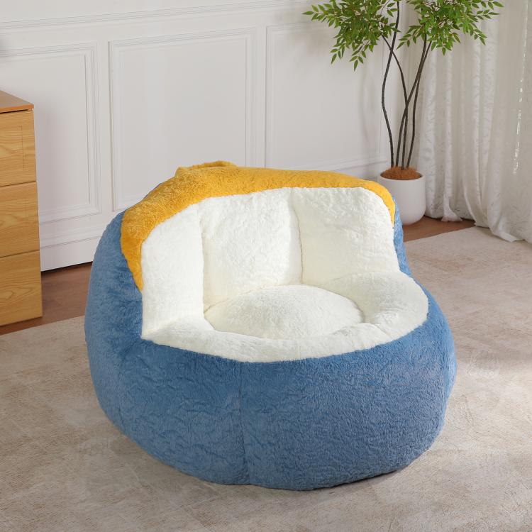 Blue faux fur bean bag chair with white seat insert and yellow trim, front-left view