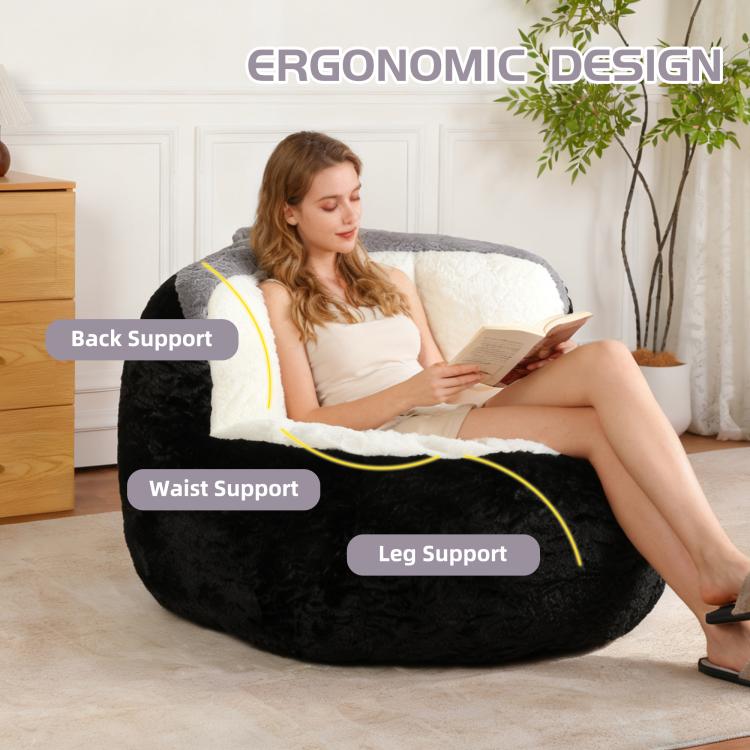 Black faux fur bean bag chair with white inner cushion, shown reclined with labeled support