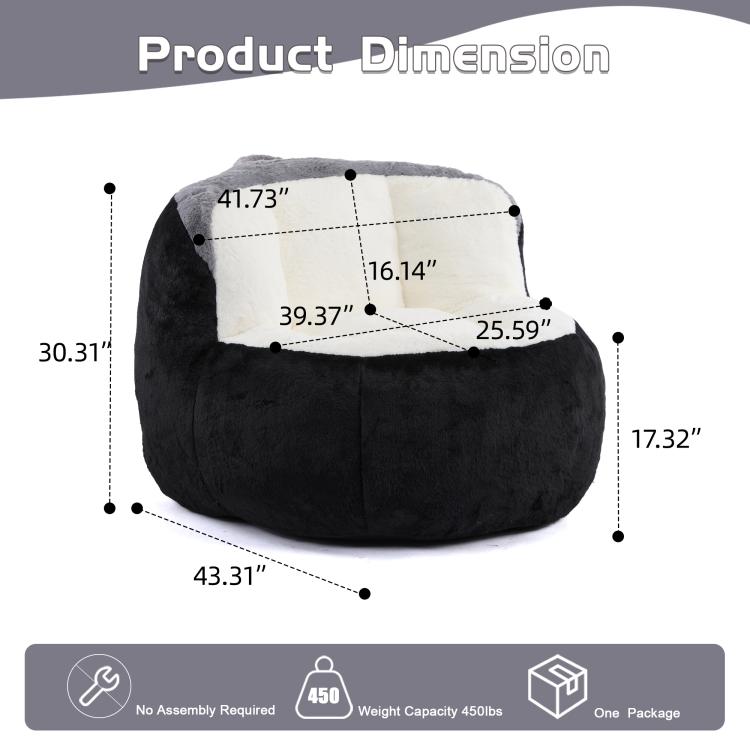 Black oversized bean bag chair product dimensions diagram with white inner panel
