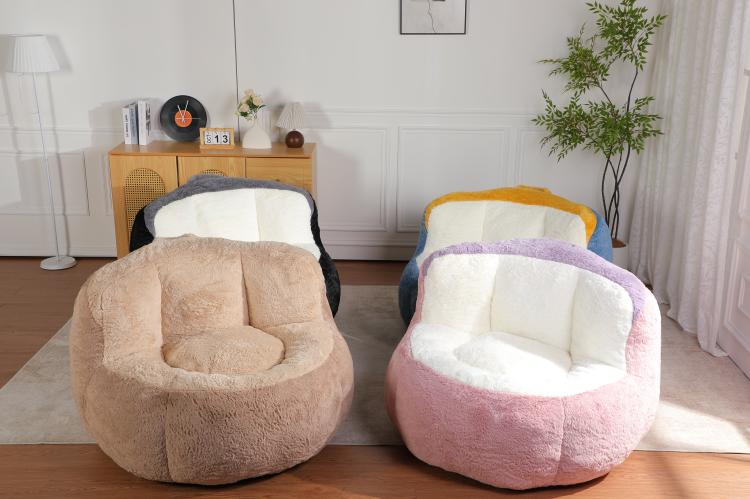 Oversized bean bag chair set with faux fur, round lounge in beige and dark tones