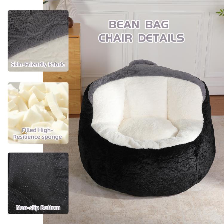 Black faux fur bean bag chair with white inner seat, close-up details view