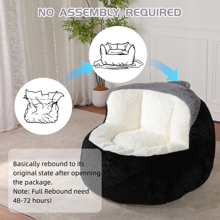 Black faux fur bean bag chair with white inner seat, no-assembly style concept