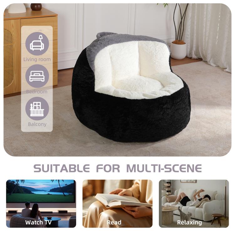 Black faux fur bean bag chair with white inner cushion, multi-room display view