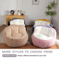 Two oversized bean bag chairs with plush faux fur seats in black and tan