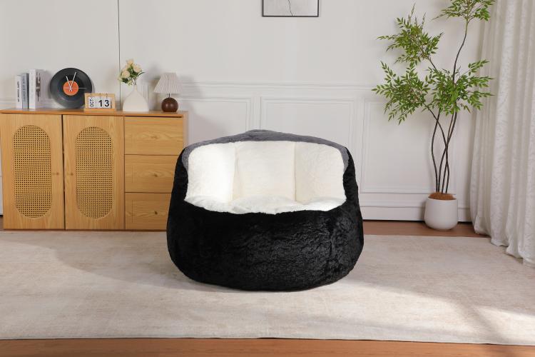 Black faux fur bean bag chair with white inner seat, angled view from front-left