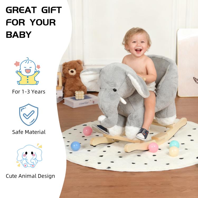 Grey plush elephant ride-on rocking toy with wooden base and padded seat