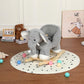 Grey plush elephant rocker with wooden runners and round play mat with balls