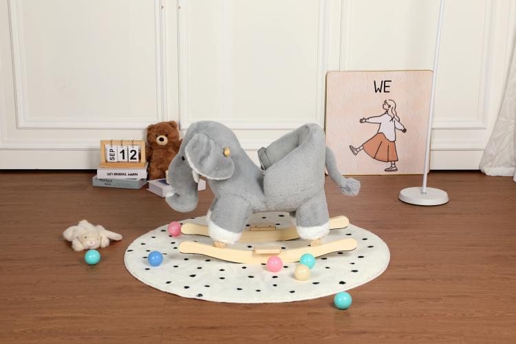Grey plush elephant rocking horse with round mat and wooden rocking runners