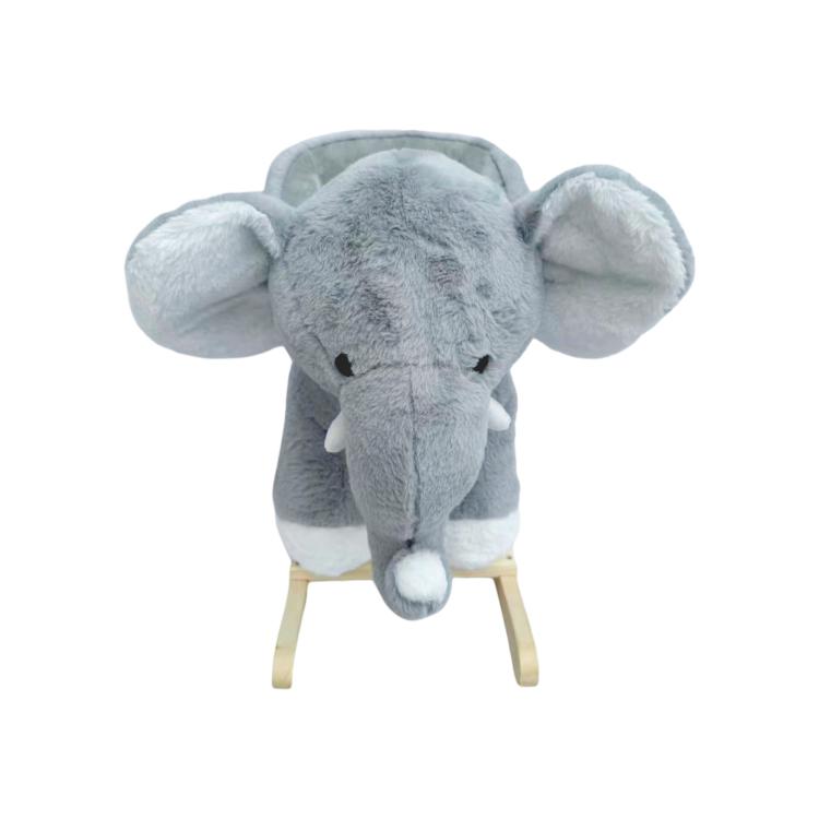 Plush grey elephant rocking toy with ears and wooden rocker legs