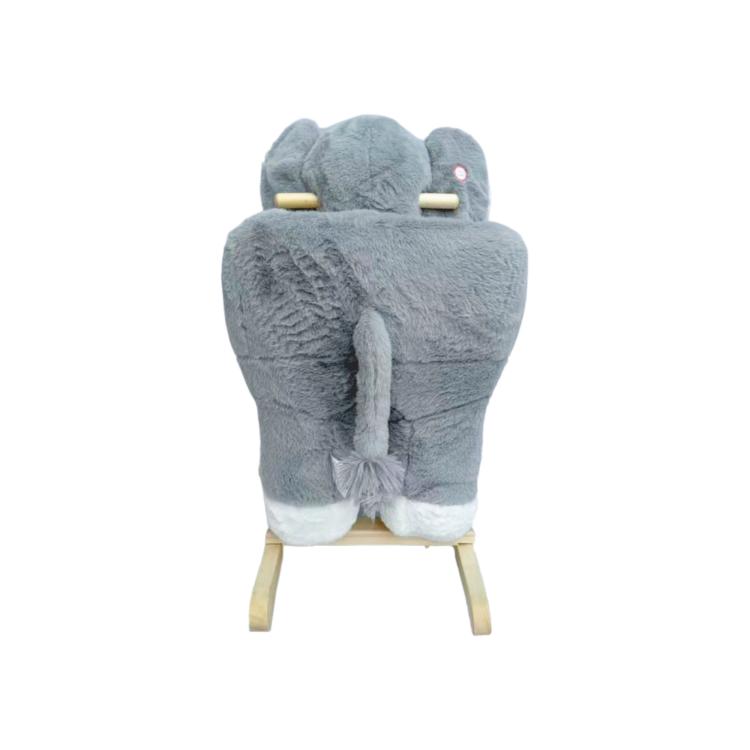 Plush grey elephant rocker with back view and wooden base supports
