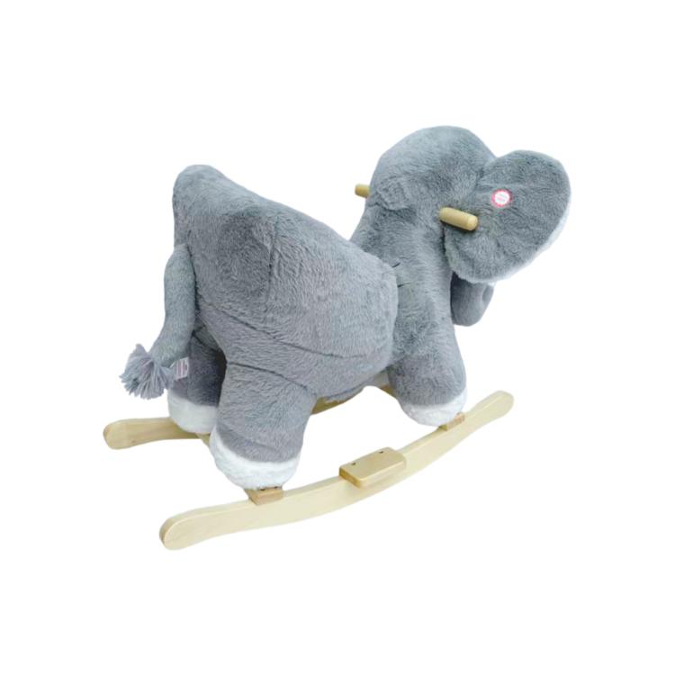 Grey plush elephant rocking horse toy on curved wooden rockers