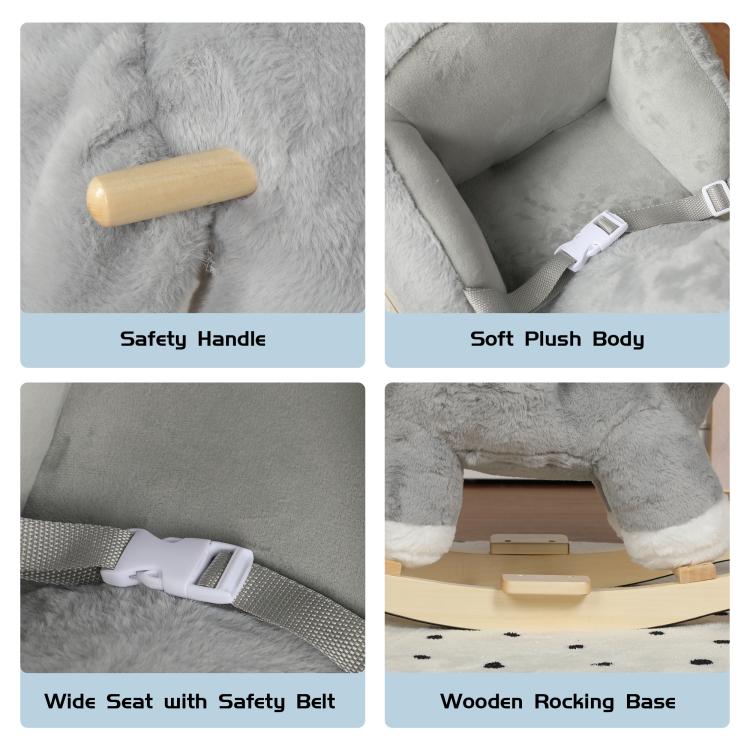 Grey plush elephant rocker with safety handle, seat belt, and wooden base