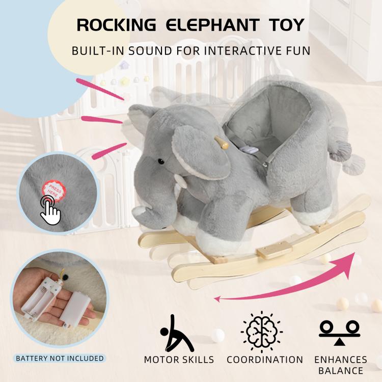 Grey plush elephant rocking toy with wooden rocker base for interactive play