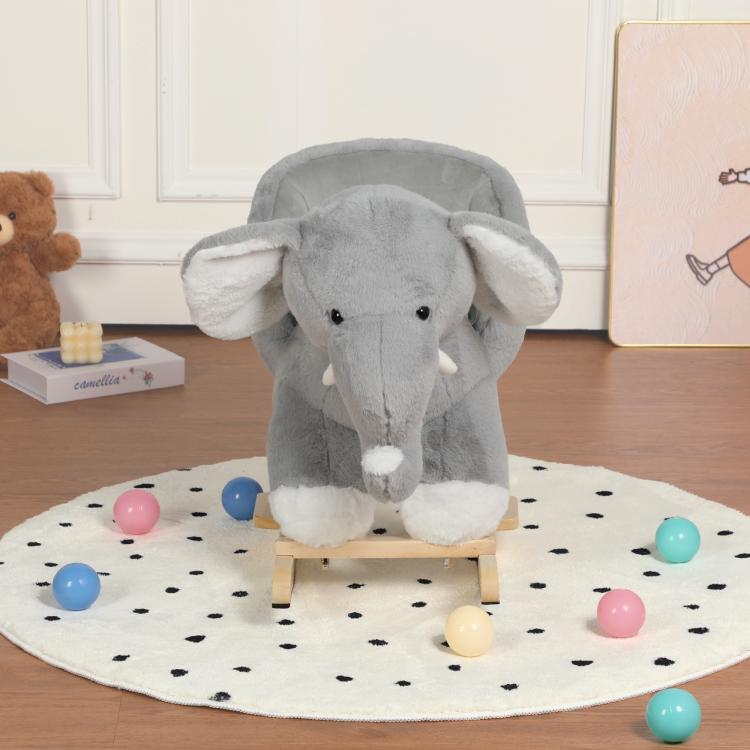 Grey plush elephant rocking horse with wooden base and safety belt