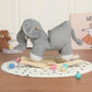 Grey plush elephant rocking toy with wooden base and curved rocker runners