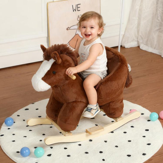 Kids Horse Rocking Horse Ride-On Toy for Toddlers 18-36 Months, Plush Rocker with Horse Sounds, Hand Puppet, Safety Belt & Wooden Base, Brown, CPC Certified, Gift for Boys Girls