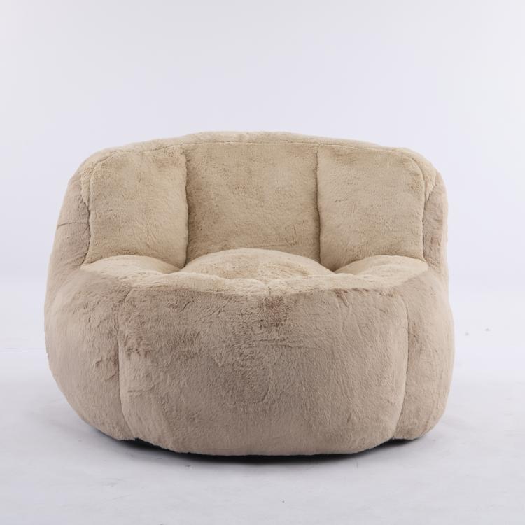 Oversized faux fur bean bag chair, tan rounded front seat with three back panels