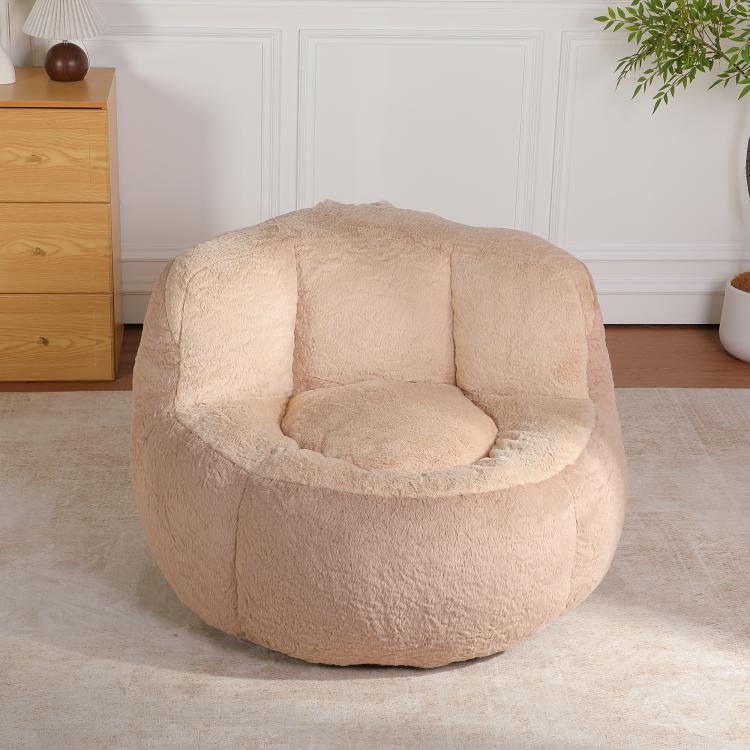Beige round bean bag chair with supportive armrest back cushions