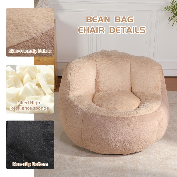 Beige bean bag chair showing faux fur fabric, high-loft sponge fill, and non-slip base