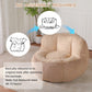 Beige oversized bean bag chair with no-assembly-needed setup and re-opening guidance