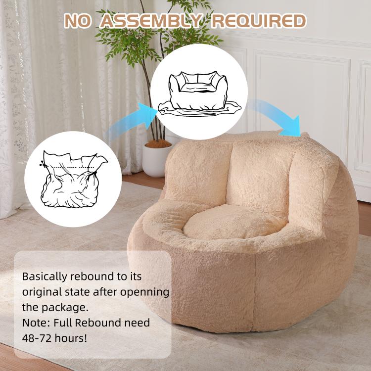 Beige oversized bean bag chair with no-assembly-needed setup and re-opening guidance