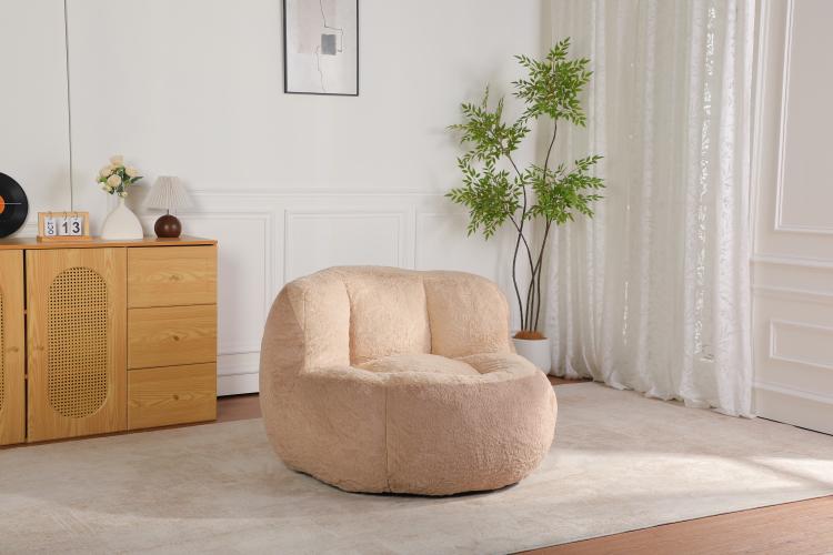 Beige round bean bag chair with inner cup-style seat and supportive back