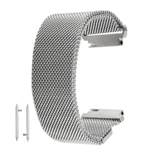 Stainless steel magnetic Milanese loop watch strap with dual-snap clasp, silver tone