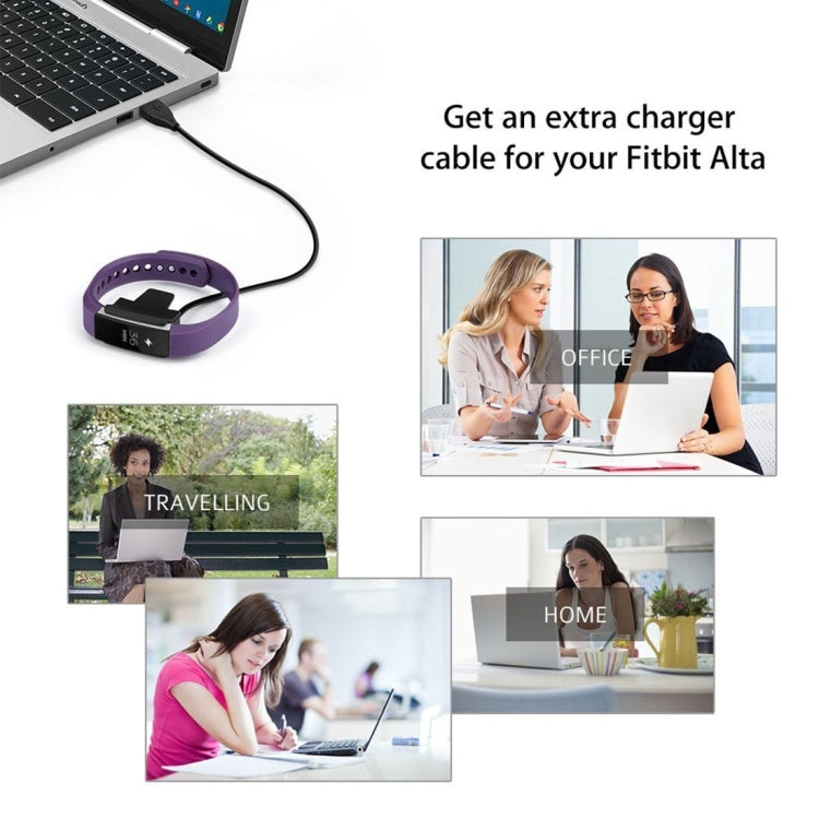 USB charging cable with Fitbit Alta dock clip on purple band for charging on the go