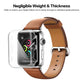 Transparent protective case for 42mm Apple Watch on brown leather band, front view