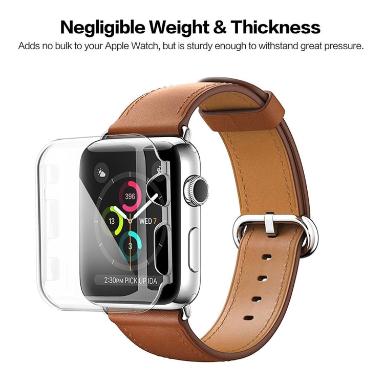 Transparent protective case for 42mm Apple Watch on brown leather band, front view