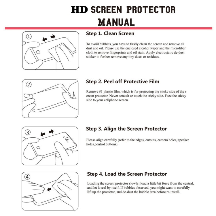 HD screen protector manual with steps for cleaning, peeling, and aligning the protector