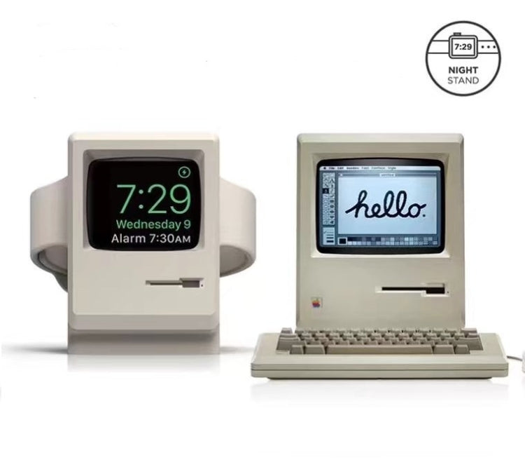 Gray Apple Watch charging dock stand with digital time display and front charging slot
