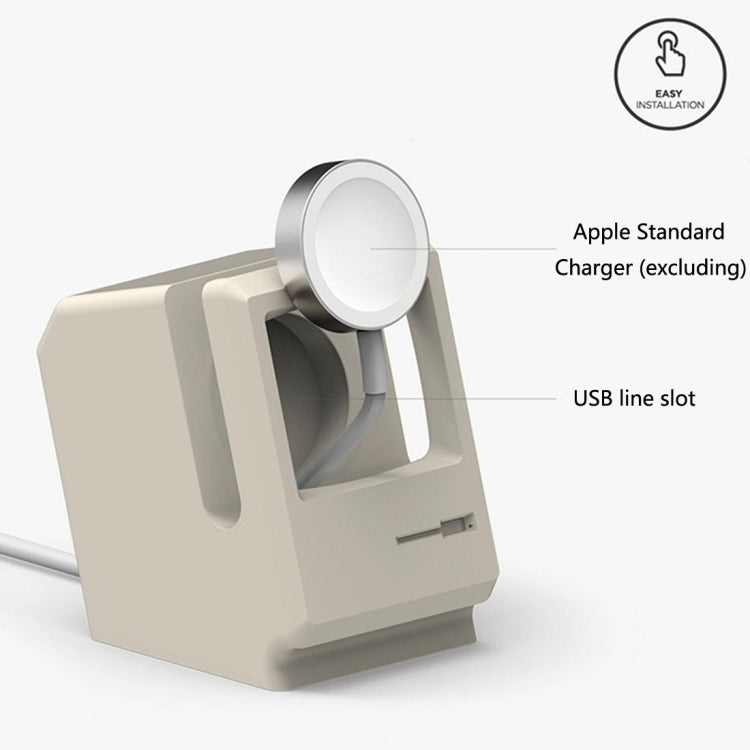 Light gray Apple Watch charging dock stand with circular charging cradle and USB slot