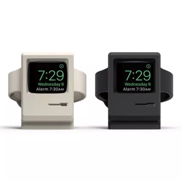 Pair of Apple Watch charging dock stands in gray and black, front view with time display