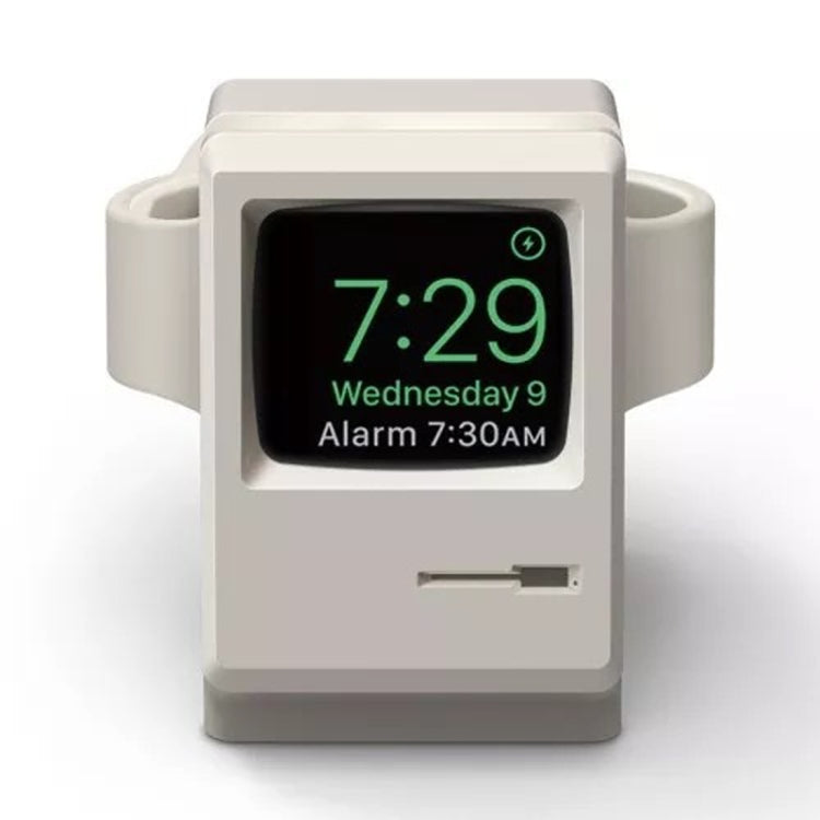 Light gray Apple Watch charging dock stand with time display and charging port slot